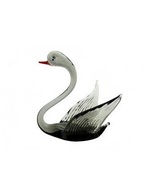 Vintage Mini Hand Blown Art Glass Swan Figurine Black Gray Red Beak Murano-Style